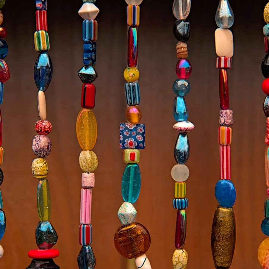 Bold beaded necklace in red, green and yellow glass beads